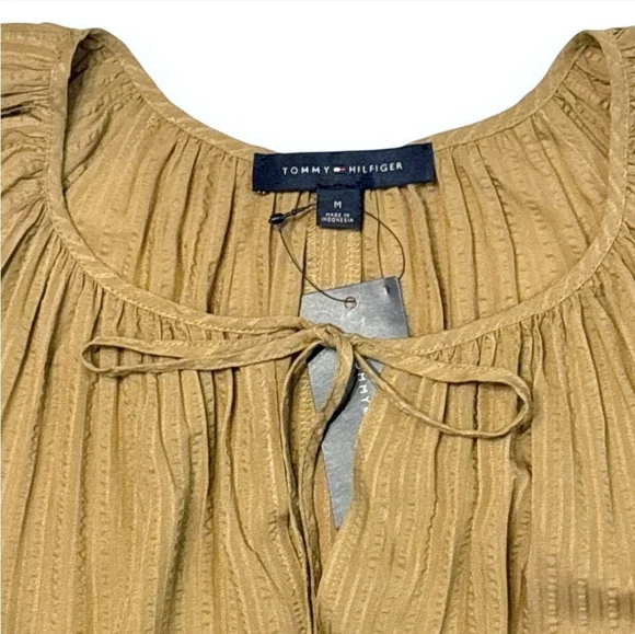 TOMMY HILFIGER  Fire Island Tie Neck Striped Blouse Tan88% Viscose - Picture 6 of 10